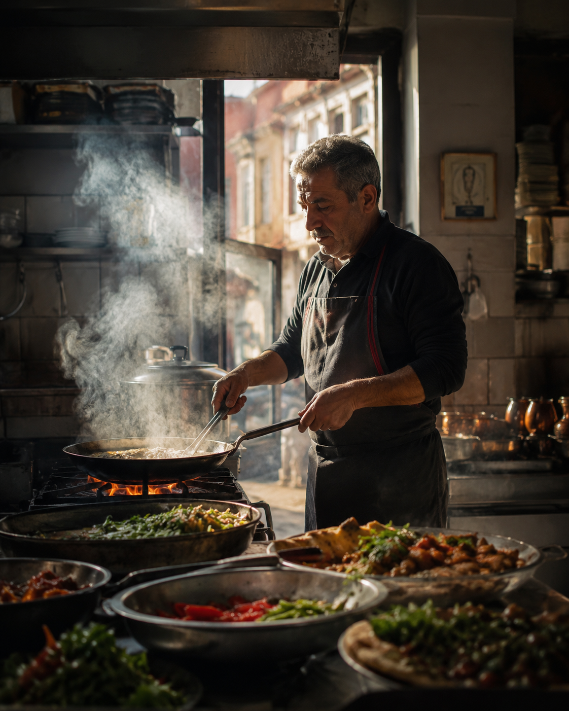 Mut'ta bir esnaf mutfağında yemek hazırlarken
